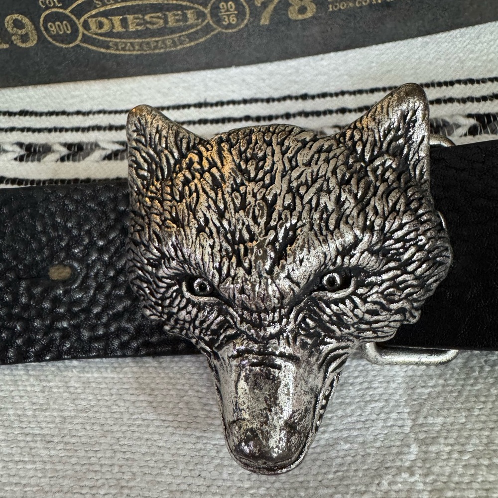 Diesel Black Leather Belt with Silver Wolf Buckle